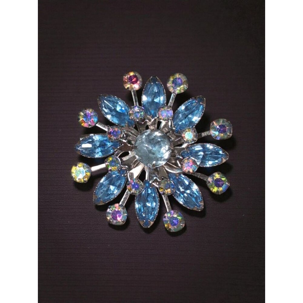 Vintage 1960s Blue Rhinestone Starburst Brooch Pendant Silver Tone Mid Century